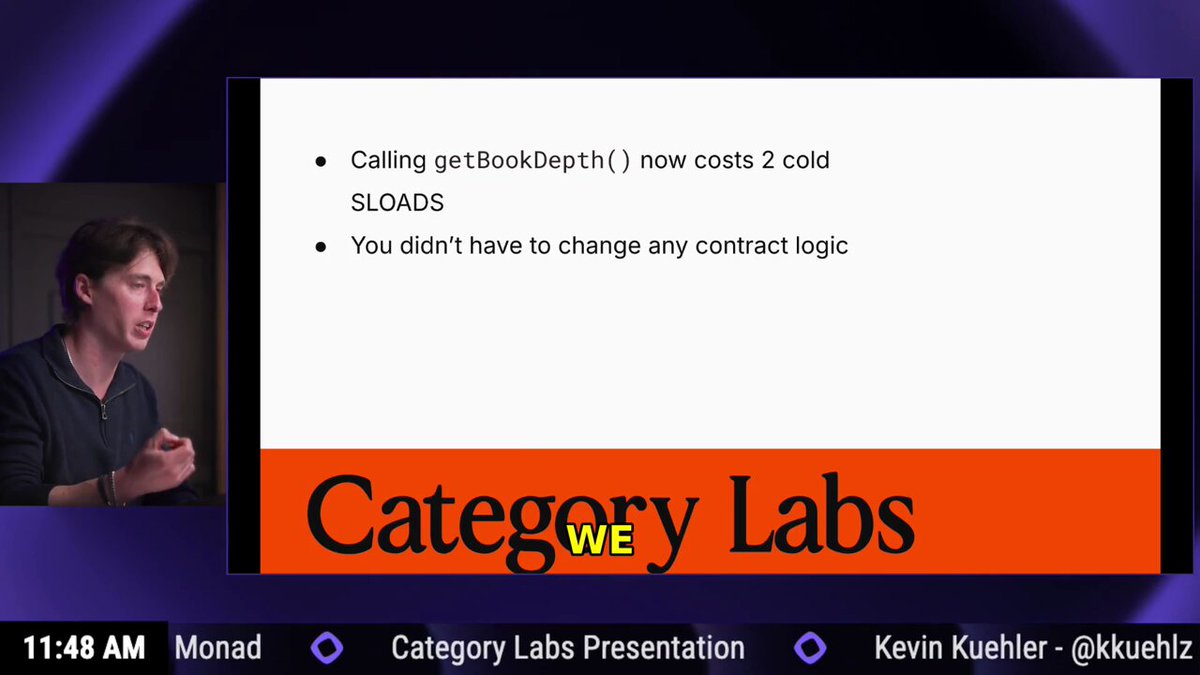 The image shows a man giving a presentation at a conference or event. The main focus of his presentation is on category we Labs, which are presented by him. The image also includes text that reads "honestly if you're a builder in crypto today, especially on the EVM, why aren't you building on Monad?". This message seems to be related to the topic of the presentation and could be an additional piece of information or advice for those interested in category we Labs.
