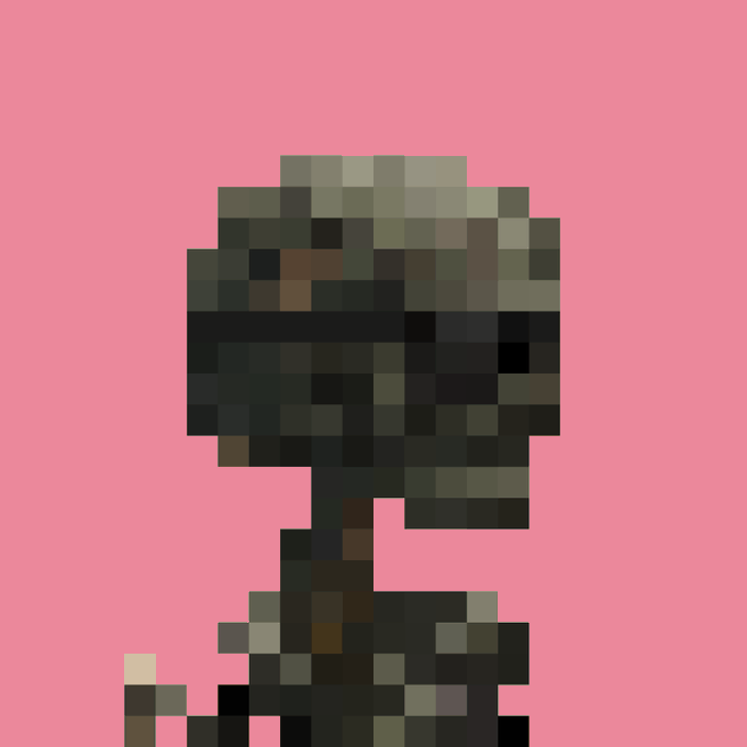 A heavily pixelated figure wearing what appears to be a green hat or cap is rendered in dark tones against a solid pink background.