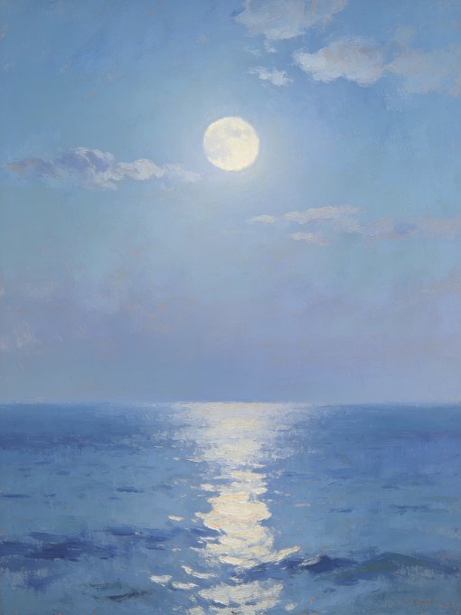 A luminous full moon hovers in a soft blue sky, casting a shimmering silver reflection across the calm ocean waters below, perfectly capturing the tranquil essence of "Moonlit Serenity 波光如银，静夜无言."