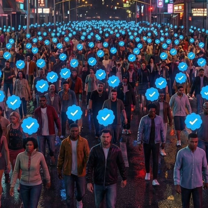 A large crowd of people is shown at night on a city street, with blue checkmark icons hovering over their heads. The image serves as a visual metaphor for the "$10 SOL Giveaway" post, representing the many potential winners or participants in the contest where users follow, engage, and submit their Solana wallets for a chance to win.