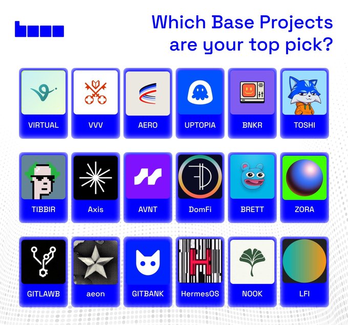 The image shows a list of various Base projects, each with their own unique logo or design. The logos include a cat, a rocket ship, a bird, a fish, and other symbols representing different aspects of the projects. The text above the images asks viewers which project they would choose as their top pick, possibly indicating that this is an advertisement for these projects.