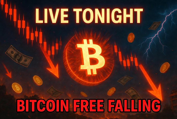 The image is an eye-catching poster that promotes a Bitcoin fall. It features a clock showing the time at 10 PM and has a red arrow pointing downwards below it, which symbolizes the decline of Bitcoin value. Surrounding this central theme are various coins and Bitcoins written in different colors such as green, white, pink, orange, and black. The post encourages viewers to learn more about Bitcoin and potentially join the market for potential gains or losses.