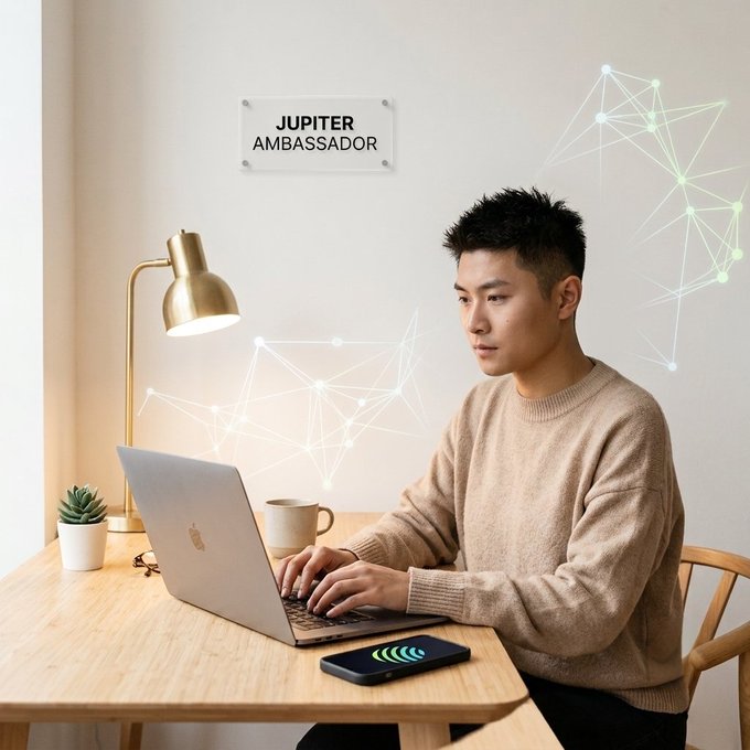 Lifestyle photo of a young man in a beige sweater working on an Apple laptop at a wooden desk with a brass lamp, with a 'JUPITER AMBASSADOR' plaque on the wall and a glowing green network node graphic overlay.