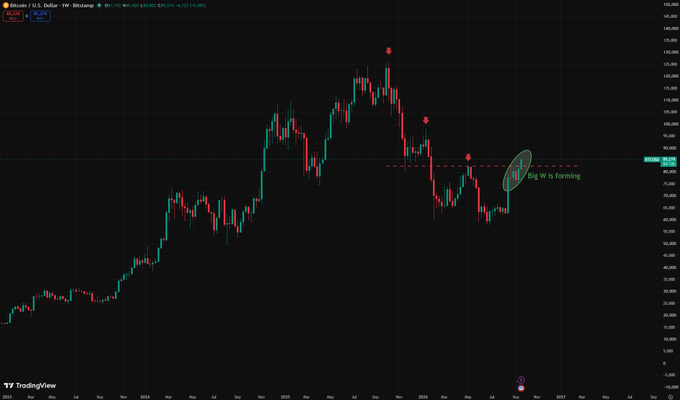 A weekly candlestick chart of Bitcoin/U.S. Dollar (BTC/USD) on TradingView, with a circled area labeled 'W 'W' is forming' on the right side.