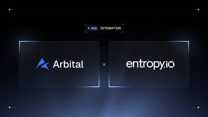 A promotional graphic announcing a "NEW INTEGRATION" between Arbitral and entropy.i0, displayed on a dark blue background.