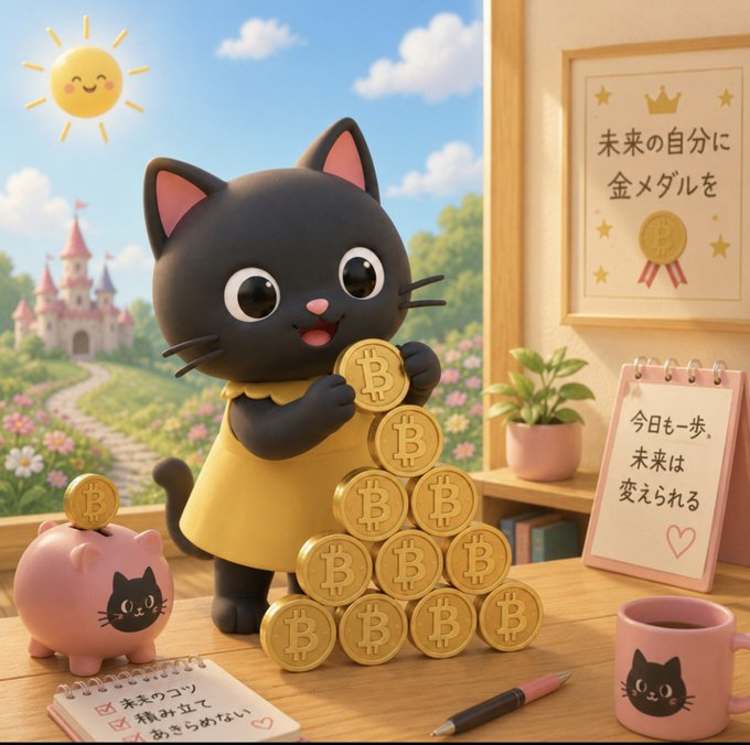 A cute black cat character in a yellow dress stacks gold Bitcoin coins, with a pink piggy bank, notebook, and mug nearby, framed by a sunny castle landscape and Japanese motivational posters including one reading '今日も一歩、未来は変えられる'.