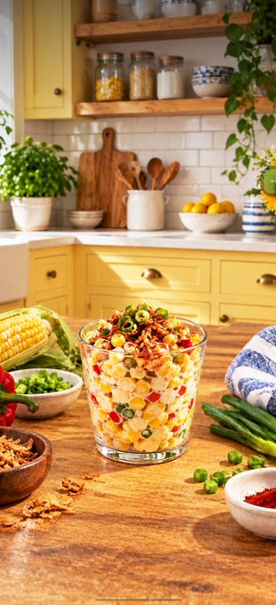 A colorful corn salad with peppers, peas, and bacon bits sits in a glass bowl on a wooden kitchen counter, surrounded by fresh ingredients like corn on the cob and green onions.