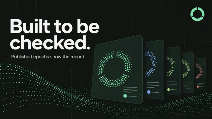 A dark-themed graphic with the text 'Built to be checked. Published epochs show the record,' alongside illustrations of cards with circular green dotted designs.