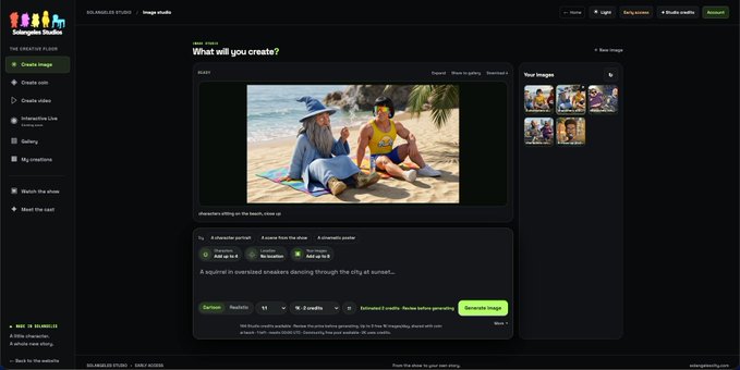 A screenshot of the Ideogram Studios interface showing an AI image generation tool with a preview of characters relaxing on a beach and the prompt 'A squirrel in oversized sneakers dancing through the city at sunset...'