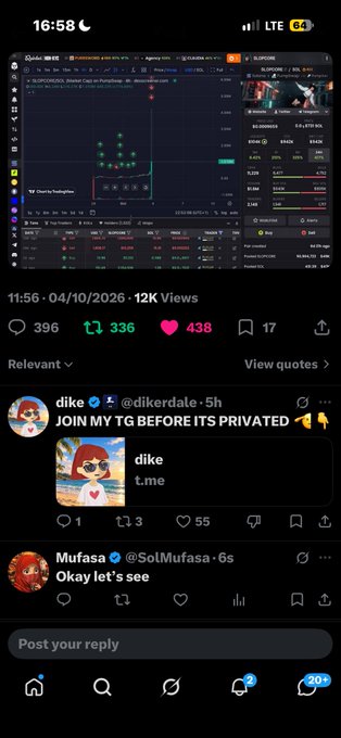 A mobile screenshot showing a stock trading chart for SLOPE/CRV on KuCoin alongside a social media feed featuring a post by 'dike @dikerdale' saying 'JOIN MY TG BEFORE ITS PRIVATED' and a reply from 'Mufasa @SotMufasa' reading 'Okay let's see'.