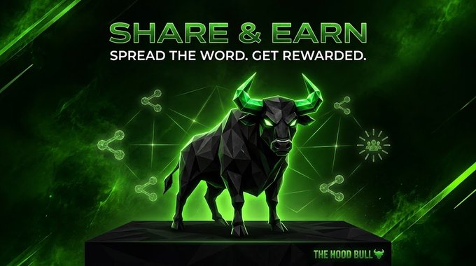 A promotional graphic featuring a geometric black bull with glowing green horns on a dark green background, with "SHARE & EARN - SPREAD THE WORD. GET REWARDED." text at the top and "THE HOOD BULL" branding in the corner. The image visually introduces an upcoming referral-style reward campaign for the $HOOD token, matching the post's announcement that users will earn $HOOD by completing tasks.
