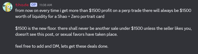 A Discord message from user "thode" posted at 11:08 AM states that $1500 will now be the new floor price for Shao + Zero portrait cards, guaranteeing $1500 of liquidity for sellers on profitable perp trades. This aligns with the post's message establishing a $1500 floor for AzukiTCG portrait card sales.