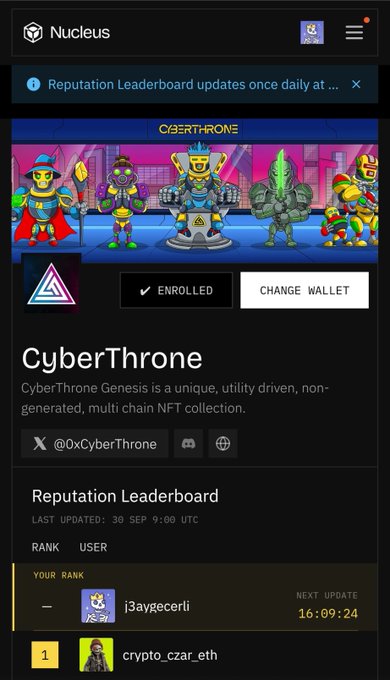 A screenshot of the Nucleus platform showing a CyberThrone NFT collection page with a Reputation Leaderboard; visible text includes 'CyberThrone', 'ENROLLED', 'CHANGE WALLET', '@0xCyberThrone', and ranks for users 'i3aygecerli' and 'crypto_czar_eth' updated 30 SEP 9:00 UTC.