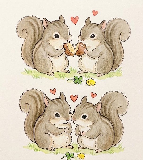 A charming illustration featuring two pairs of cartoon squirrels, with the top pair sharing an acorn and the bottom pair touching noses affectionately, all surrounded by small hearts, grass, a clover, and a yellow flower.