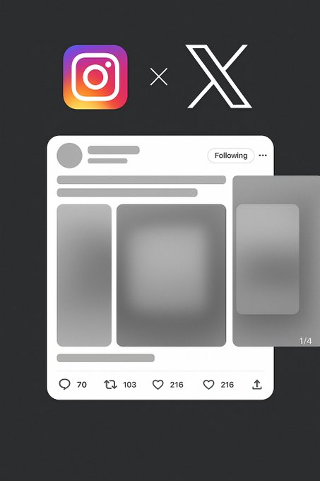 A graphic showing the Instagram logo multiplied by the X (formerly Twitter) logo, with a mock-up of an Instagram post carousel interface displaying engagement metrics like 70 comments, 103 retweets, and 216 likes.