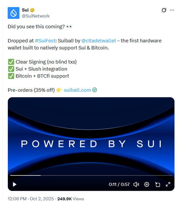 A tweet from @SuiNetwork (249.9K views, Oct 2, 2025) announcing "Suiball" by @citadelwallet as "the first hardware wallet built to natively support Sui & Bitcoin," with pre-orders at 35% off via suiball.com, featuring a video showing a blue device with "POWERED BY SUI" text. The promotional tweet highlights Suiball's clear signing, Sui+Slush integration, and Bitcoin+BTCfi support, contrasting with the post's criticism that despite manufacturing being complete since August 2025, no shipment emails were sent, suggesting the Sui-promoted project has not delivered.