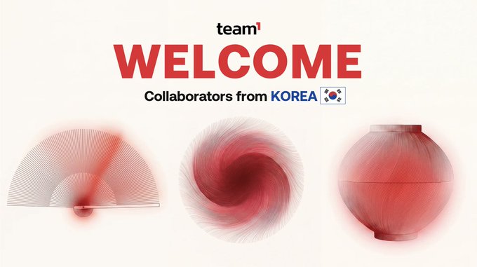 A welcome graphic reading 'team1 WELCOME Collaborators from KOREA' with a South Korean flag, featuring three red abstract objects (a fan, a sphere, and a vase) at the bottom.