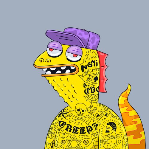 A cartoon illustration of a yellow lizard or dinosaur character covered in black tattoos, wearing a purple cap against a grey background.