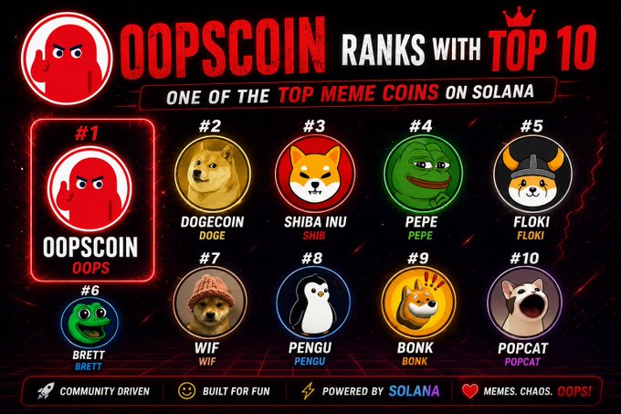The image features a poster with various doodles of different animals, including a dog, penguin, and polar bear, along with text that reads "OopsCoin is growing fast on Solana. Built by community, powered by memes, and ready for bigger partnerships. Looking for investors, exchange listings & collaborations. The next viral meme movement starts here. #OopsCoin". The poster also includes a list of the top 10 ranks with their corresponding scores in the image.