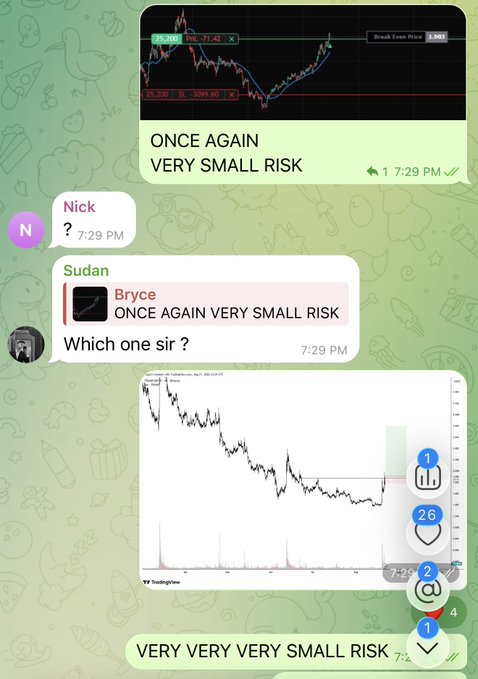 A Telegram chat screenshot shows a user named "Bryce" sharing stock charts in the $MNMD and $SLGG tickers while repeatedly emphasizing "VERY SMALL RISK," with members responding "Which one sir?" The image relates to the post by showcasing the minimal-risk trade alerts the group promotes, likely to promote their paid Telegram channel.
