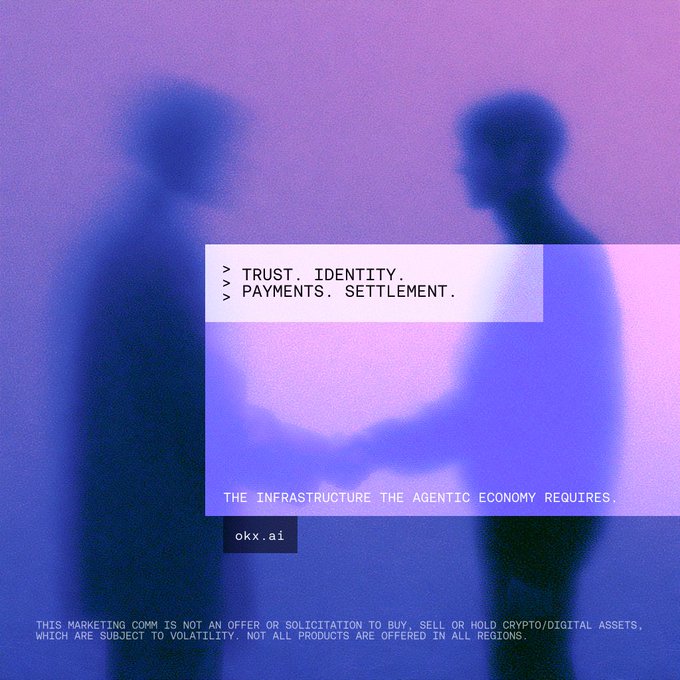 A purple and pink-toned image shows two blurred figures shaking hands, overlaid with text reading "TRUST. IDENTITY. PAYMENTS. SETTLEMENT. THE INFRASTRUCTURE THE AGENTIC ECONOMY REQUIRES." and the "okx.ai" logo, visually representing the handshake between AI agents enabled by OKX's new onchain agent-to-agent payment infrastructure.