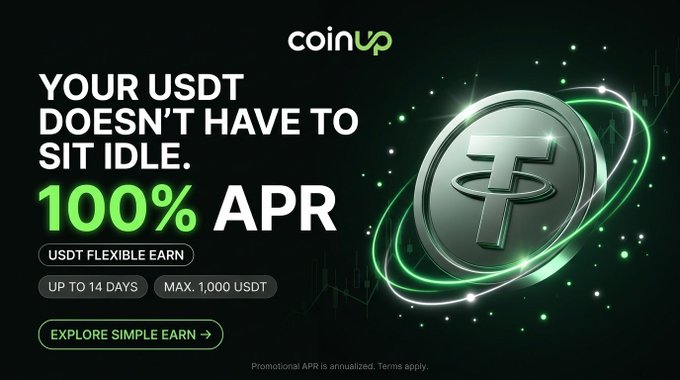 A CoinUp advertisement promoting a "USDT Flexible Earn" product offering up to 100% APR for up to 14 days with a maximum of 1,000 USDT, featuring a large Tether (USDT) coin graphic alongside the tagline "Your USDT doesn't have to sit idle," which aligns with the post's theme of putting idle capital to work while waiting for new trade entries.