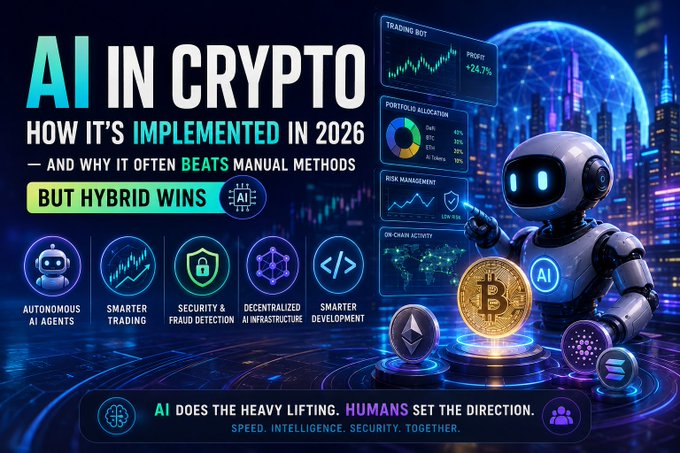 The image features a robot with a human face, positioned at a virtual trading desk with a Bitcoin coin in front of it. The scene is set against a backdrop of a city skyline. The text "AI IN CRYPTO" is prominently displayed near the bottom and left side of the image, along with two bullet points stating that AI's implementation has revolutionized the world of cryptocurrency trading but humans alone struggle to keep pace due to massive amounts of on-chain data, volatile markets, and 24/7 opportunities. The robot appears to be a symbol for automated trading systems powered by artificial intelligence (AI), making decisions based on real-time market information.