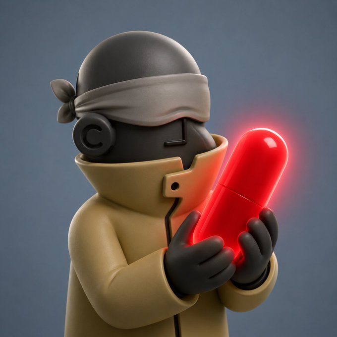 A 3D-rendered character wearing a tan trench coat and a blindfold holds a glowing red pill-shaped object in their hands.