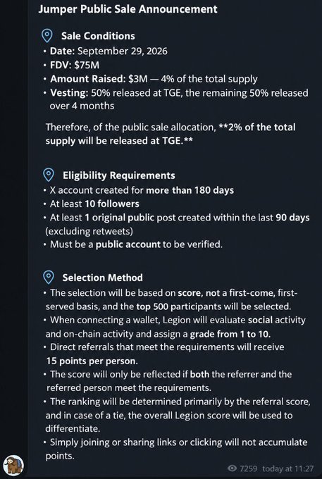 A screenshot of a 'Jumper Public Sale Announcement' detailing sale conditions including a $75M FDV and 50% vesting, eligibility requirements for X accounts, and a score-based selection method.