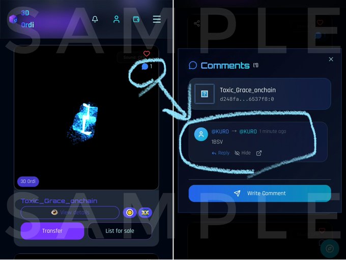 A mobile NFT interface showing a 3D "3D Ordi" item owned by Toxic_Grace_onchain, with annotations pointing to the owner's comment section displaying "@KURO -> @KURO 1 minute ago 1BSV".
