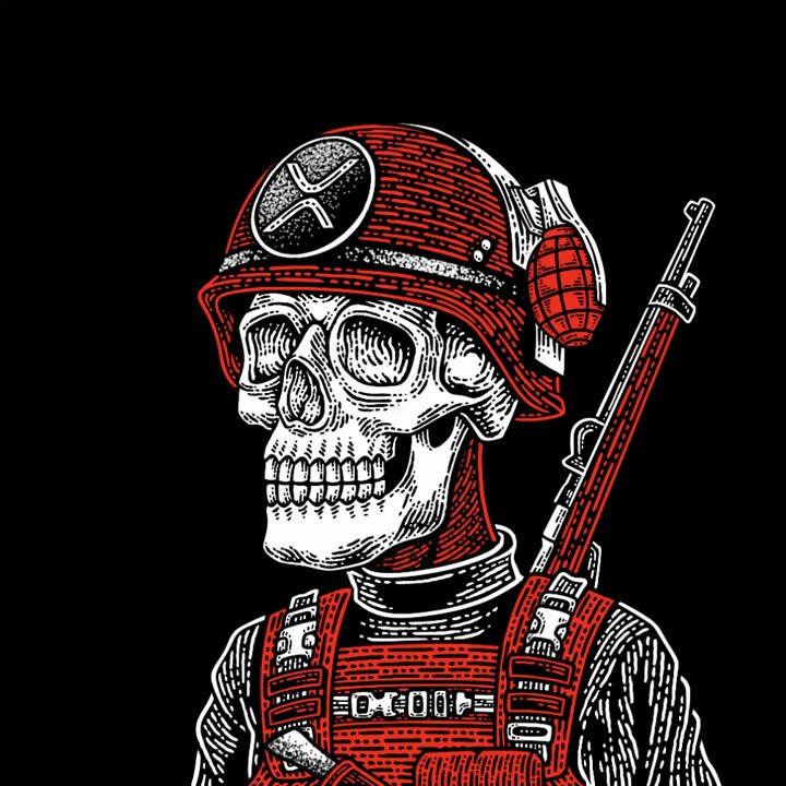 The image features a black and white illustration of a skull wearing a helmet, holding a gun. The caption below the image reads "I love Fine Art I love my art style I love drawing I love animation I'm grateful to be accepted at @xrpcafe #FineArtCulture". This suggests that the artist is proud of their work and appreciates the fine art culture surrounding them.