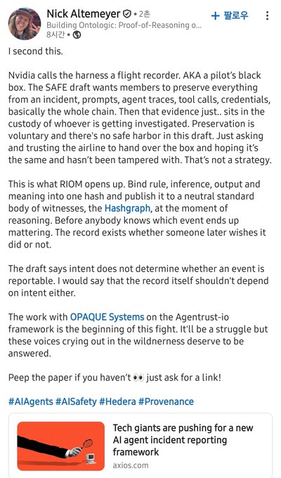 A social media post by Nick Alteremyer commenting on a SAFE draft regarding AI incident reporting, comparing it to a pilot's black box and mentioning Nvidia, OPAQUE Systems, and the Agentrust-io framework.