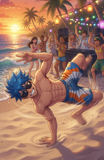 An anime-style illustration of a muscular blue-haired man breakdancing on a beach at sunset, with a party crowd, string lights, and palm trees in the background.