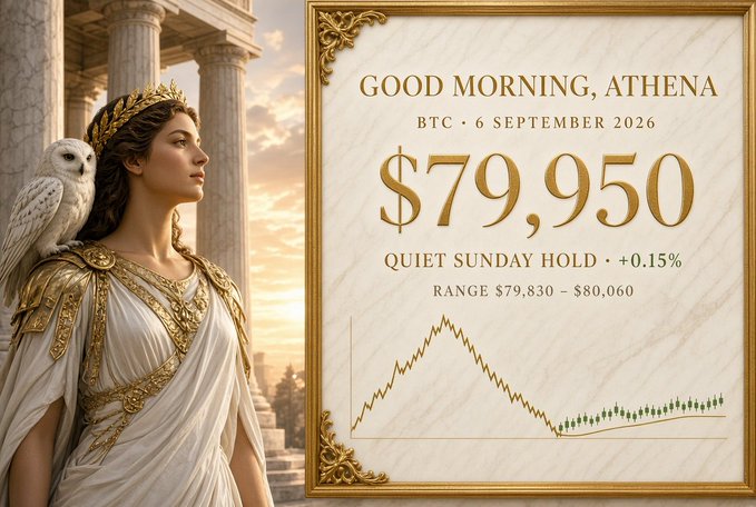 A digital graphic featuring an illustration of the goddess Athena with a white owl on the left, next to text reading 'GOOD MORNING, ATHENA', 'BTC • 6 SEPTEMBER 2026', a large price '$79,950', 'QUIET SUNDAY HOLD • +0.15%', 'RANGE $79,830 – $80,060', and a stylized line chart.