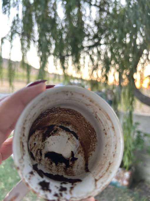 A hand holds up an empty coffee mug whose dark residue inside reveals the shape of a bull. The residue playfully forms the figure of a kneeling bull, matching the dream mentioned in the caption.
