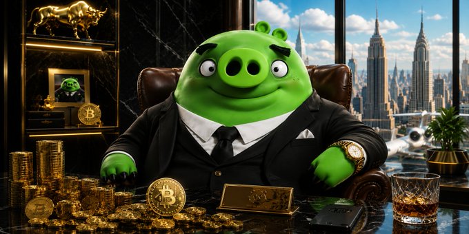An AI-generated image of an anthropomorphic green pig wearing a black suit and gold watch, sitting at a desk with Bitcoin coins, with a cityscape and bull statue in the background.
