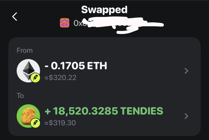 A crypto swap confirmation screen showing -0.1705 ETH (≈$320.22) exchanged for +18,520.3285 TENDIES (≈$319.30), though the user's caption humorously claims only "32 tendies" were received, highlighting the massive token output typical of low-value memecoin swaps.