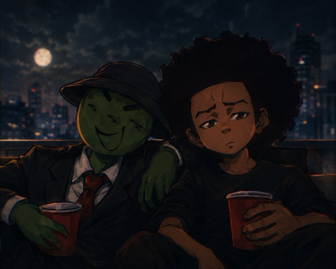 An illustrated scene shows two characters at night against a city skyline; a green-skinned figure wearing a hat and suit with an unsettling smile has their arm around a worried-looking character holding a red cup.