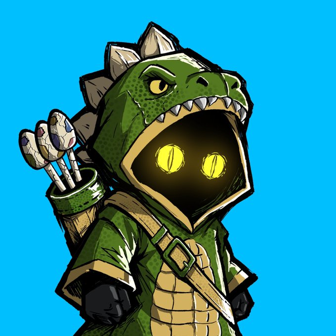 A cartoon dinosaur mascot with glowing yellow reptilian eyes peers intensely outward, carrying a quiver of patterned arrows—its fierce, treasure-hunter vibe visually echoing the post's announcement of the $HOOJA V2 token and NFT migration on Robinhood Chain via Anvil, where the creature stands ready for the project's "next evolution."