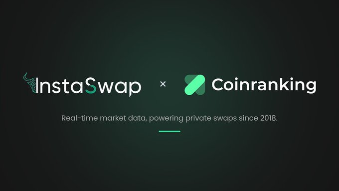A promotional banner for InstaSwap x Coinranking collaboration featuring the tagline 'Real-time market data, powering private swaps since 2018.'