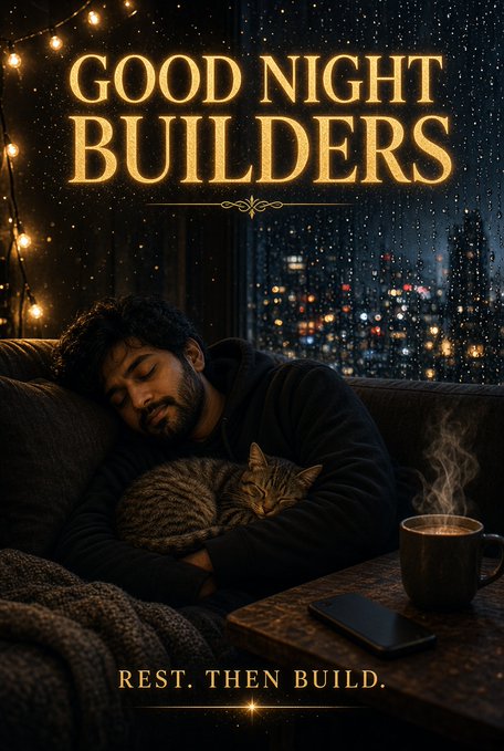 A cozy nighttime illustration titled 'GOOD NIGHT BUILDERS' showing a man peacefully sleeping with a cat on a couch beside a steaming mug, with the caption 'REST. THEN BUILD.'