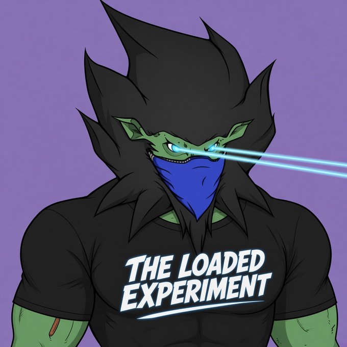 A digital illustration of a green-skinned character with spiky black hair, a blue face mask, and glowing blue laser eyes, wearing a black t-shirt that reads 'THE LOADED EXPERIMENT' against a purple background.