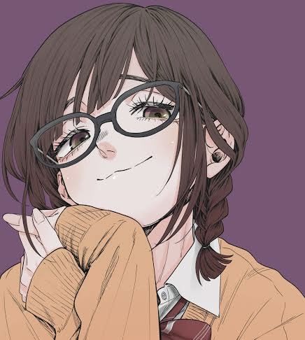 An anime-style illustration of a smiling girl with short brown hair, round glasses, and an orange cardigan over a white shirt.