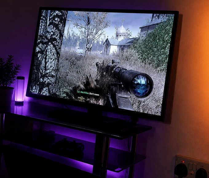 A TV displaying a first-person shooter video game scene with a sniper rifle aimed at a rural church, illuminated by purple LED backlighting.