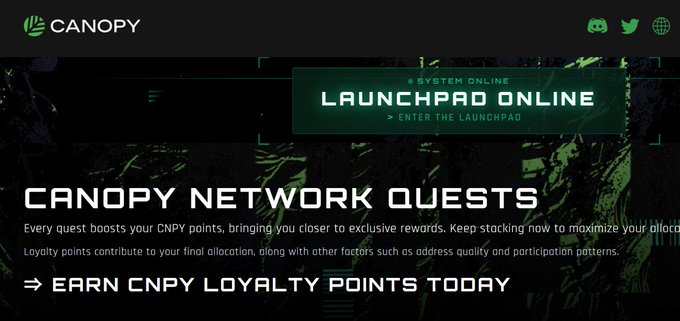 The image shows a Canopy Network platform webpage featuring a "Launchpad Online" banner and a "Canopy Network Quests" section promoting CNPY loyalty points, with the post discussing how multi-chain ecosystems outperform single-chain models—aligning with Canopy's multi-chain framework that aims to connect independent networks rather than concentrate activity on one chain.