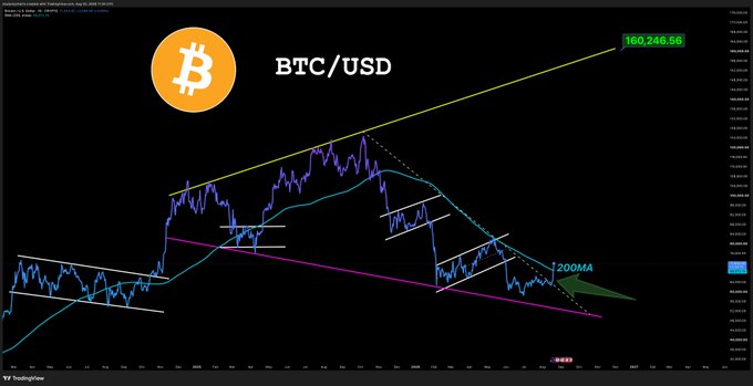 A TradingView chart of BTC/USD showing Bitcoin breaking above its 200-day moving average (200MA) near ~$100K, with a bullish target projected at 160,246.68 along an ascending yellow trendline, supporting the post's claim that BTC has officially re-entered a bull market after reclaiming this key technical level.