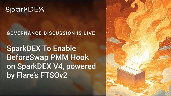 This image announces that the "GOVERNANCE DISCUSSION IS LIVE" for SparkDEX to enable "BeforeSwap PMM Hook on SparkDEX V4, powered by Flare's FTSOv2." The image visually represents this governance proposal with a stylized depiction of a ballot box emitting flames and clouds, suggesting the active and perhaps intense nature of the discussion.
