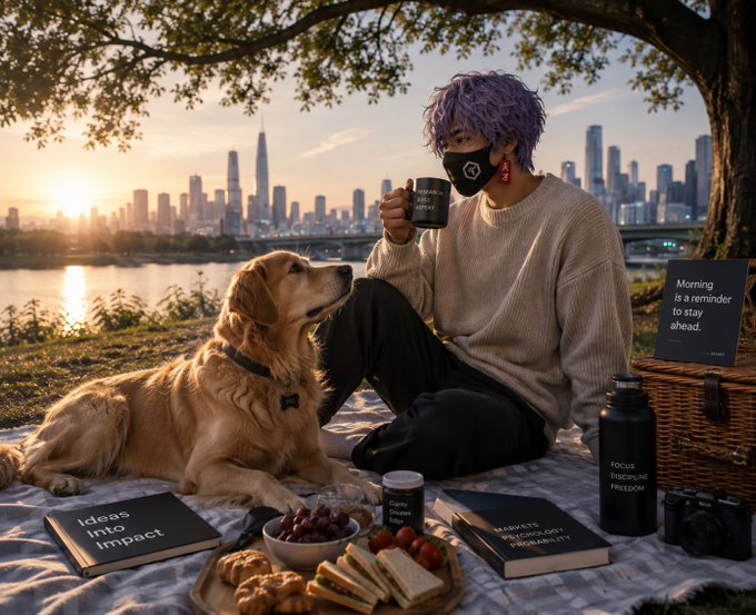 A person in a face mask with purple hair sits on a blanket during sunrise overlooking a city skyline, drinking coffee beside a golden retriever. Surrounding items read "Ideas into Impact," "MARKET PSYCHOLOGY PROBABILITY," and "Morning is a reminder to stay ahead," reinforcing the post's message of disciplined, research-driven patience over chasing the market.