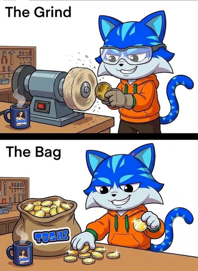 The image features a cartoon cat sitting at a table with a bag of gold coins, holding one up as if it's a hammer. The cat appears to be engaged in some sort of work or activity involving the gold coins. In addition to the main scene, there is also a cup and a mug on the table, possibly containing coffee or tea for the cartoon cat while it works with the gold coins.