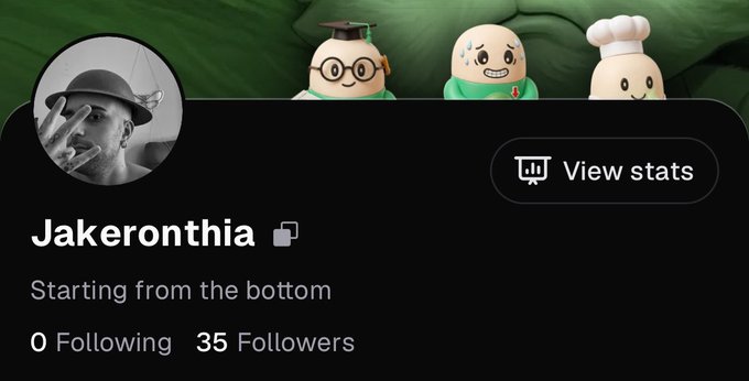 A Roblox-style profile page displaying the username 'Jakeronthia' with the bio 'Starting from the bottom', showing 0 Following, 35 Followers, a 'View stats' button, and three egg-like avatar characters above.